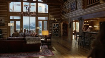 Movie still from “Daddy's Home 2” (2017), directed by Sean Anders – A living room filled with lots of furniture and large windows; Wide shot, High angle