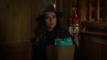 Movie still from “Daddy's Home 2” (2017), directed by Sean Anders – A woman in a hat holding a bag of presents; Close Up shot, Over the shoulder angle
