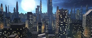 Movie still from “Daniel Isn't Real” (2019), directed by Adam Egypt Mortimer – An image of a large city at night with lights; Extreme Wide shot, High angle