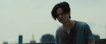 Movie still from “Daniel Isn't Real” (2019), directed by Adam Egypt Mortimer – A young man with blood all over his face; Close Up shot, Low angle