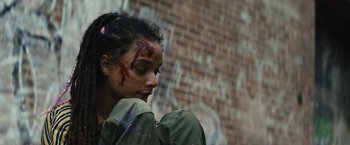 Movie still from “Daniel Isn't Real” (2019), directed by Adam Egypt Mortimer – A young woman with blood all over her face; Close Up shot, Over the shoulder angle