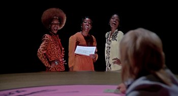 Movie still from “De Palma” (2015), directed by Jake Paltrow – A group of three women standing next to each other; Medium shot, Low angle