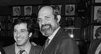 Movie still from “De Palma” (2015), directed by Jake Paltrow – A man in a suit and tie standing next to another man in a suit and tie; Close Up shot, Low angle