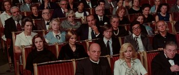 Movie still from “Deep Red” (1975), directed by Dario Argento – A group of people sitting in rows in a theater; Medium shot, High angle