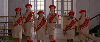 Movie still from “Dodgeball: A True Underdog Story” (2004), directed by Rawson Marshall Thurber – A group of young girls dressed in scout uniforms; Medium shot, Low angle