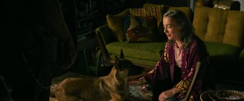 Movie still from “Dog” (2022), directed by Reid Carolin – A woman sitting in front of a dog in a living room; Medium shot, High angle