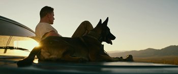 Movie still from “Dog” (2022), directed by Reid Carolin – A man sitting on the back of a brown dog; Wide shot, Low angle