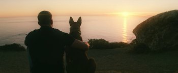 Movie still from “Dog” (2022), directed by Reid Carolin – A man and a dog sitting on the beach at sunset; Wide shot, Low angle