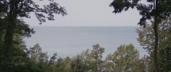 Movie still from “Drinking Buddies” (2013), directed by Joe Swanberg – A view of a body of water with trees in the foreground; Extreme Wide shot, High angle
