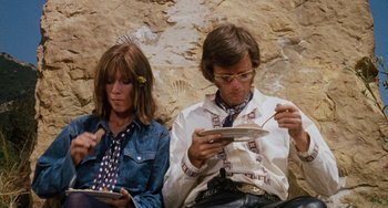 Movie still from “Easy Rider” (1969), directed by Dennis Hopper – A man and a woman sitting next to each other; Medium shot, High angle