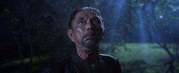 Movie still from “Elephant White” (2011), directed by Prachya Pinkaew – A person with blood on his face; Close Up shot, Low angle