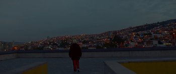 Movie still from “Ema” (2019), directed by Pablo Larraín – A man standing on a ledge looking out over a city at night; Extreme Wide shot, Low angle