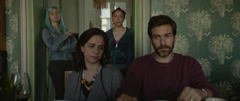 Movie still from “Ema” (2019), directed by Pablo Larraín – A man and a woman sitting in front of a woman; Medium shot, Over the shoulder angle