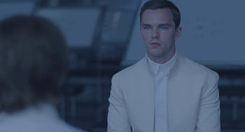Movie still from “Equals” (2015), directed by Drake Doremus – A man in a white suit looking at a woman in a white dress; Close Up shot, Over the shoulder angle