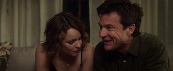 Movie still from “Game Night” (2018), directed by John Francis Daley – A man and a woman sitting next to each other; Close Up shot, Over the shoulder angle