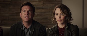 Movie still from “Game Night” (2018), directed by John Francis Daley – A man and a woman sitting next to each other; Close Up shot, Over the shoulder angle