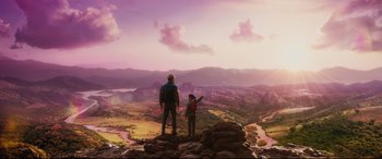 Movie still from “Girls Trip” (2017), directed by Malcolm D. Lee – A man and a child standing on top of a mountain; Extreme Wide shot, Low angle