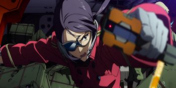 Movie still from “Evangelion: 3.0+1.01 Thrice Upon a Time” (2021), directed by Joe Fria – An anime character is looking at the camera; Close Up shot, Low angle