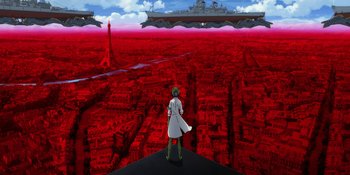 Movie still from “Evangelion: 3.0+1.01 Thrice Upon a Time” (2021), directed by Joe Fria – A man standing on top of a building looking out at a city; Extreme Wide shot, High angle