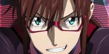 Movie still from “Evangelion: 3.0+1.01 Thrice Upon a Time” (2021), directed by Joe Fria – An animated face of a person wearing glasses; Extreme Close Up shot, Low angle