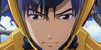 Movie still from “Evangelion: 3.0+1.01 Thrice Upon a Time” (2021), directed by Joe Fria – The face of a young man; Extreme Close Up shot, Low angle