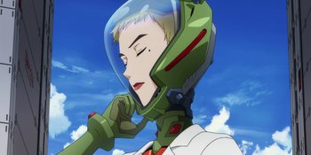Movie still from “Evangelion: 3.0+1.01 Thrice Upon a Time” (2021), directed by Joe Fria – An anime character is wearing a helmet and is looking at the sky; Close Up shot, Low angle