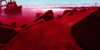 Movie still from “Evangelion: 3.0+1.01 Thrice Upon a Time” (2021), directed by Joe Fria – A painting of a red sky and a body of water; Extreme Wide shot, High angle