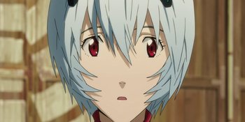 Movie still from “Evangelion: 3.0+1.01 Thrice Upon a Time” (2021), directed by Joe Fria – A person's face with red eyes; Extreme Close Up shot, High angle