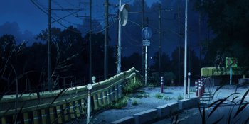 Movie still from “Evangelion: 3.0+1.01 Thrice Upon a Time” (2021), directed by Joe Fria – An image of a night scene with a fence and street lights; Extreme Wide shot, High angle