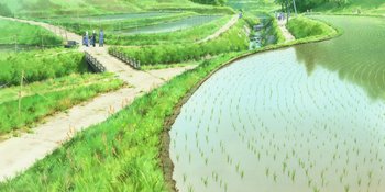 Movie still from “Evangelion: 3.0+1.01 Thrice Upon a Time” (2021), directed by Joe Fria – An artist's rendering of an area with a pond; Extreme Wide shot, High angle