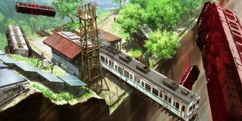 Movie still from “Evangelion: 3.0+1.01 Thrice Upon a Time” (2021), directed by Joe Fria – An aerial view of a train crossing a bridge; Extreme Wide shot, Overhead angle