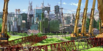 Movie still from “Evangelion: 3.0+1.01 Thrice Upon a Time” (2021), directed by Joe Fria – An industrial area with many buildings and power lines; Extreme Wide shot, High angle