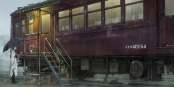 Movie still from “Evangelion: 3.0+1.01 Thrice Upon a Time” (2021), directed by Joe Fria – A train car sitting on the side of the road; Extreme Wide shot, Low angle