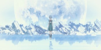 Movie still from “Evangelion: 3.0+1.01 Thrice Upon a Time” (2021), directed by Joe Fria – An anime girl is standing in front of some mountains; Extreme Wide shot, Low angle