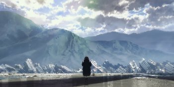 Movie still from “Evangelion: 3.0+1.01 Thrice Upon a Time” (2021), directed by Joe Fria – A person sitting on the side of a road looking out at a mountain range; Extreme Wide shot, High angle