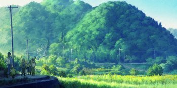 Movie still from “Evangelion: 3.0+1.01 Thrice Upon a Time” (2021), directed by Joe Fria – An oil painting of a grassy area with power lines; Extreme Wide shot, Low angle
