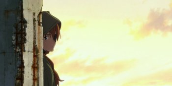 Movie still from “Evangelion: 3.0+1.01 Thrice Upon a Time” (2021), directed by Joe Fria – A woman standing in front of a sky with clouds; Medium shot, Over the shoulder angle