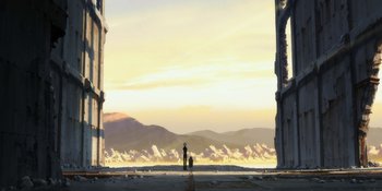 Movie still from “Evangelion: 3.0+1.01 Thrice Upon a Time” (2021), directed by Joe Fria – Two people are standing in front of an open gate; Extreme Wide shot, Low angle