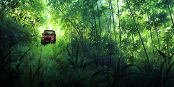 Movie still from “Evangelion: 3.0+1.01 Thrice Upon a Time” (2021), directed by Joe Fria – A car is driving through a lush green forest; Extreme Wide shot, High angle