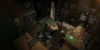 Movie still from “Evangelion: 3.0+1.01 Thrice Upon a Time” (2021), directed by Joe Fria – An animated scene of a woman in a room with a man; Wide shot, High angle