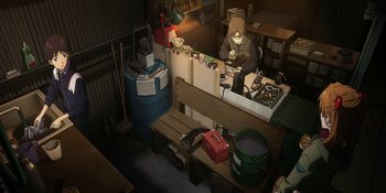 Movie still from “Evangelion: 3.0+1.01 Thrice Upon a Time” (2021), directed by Joe Fria – A man sitting at a table in a room; Extreme Wide shot, High angle