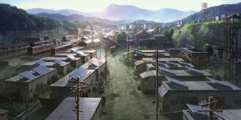 Movie still from “Evangelion: 3.0+1.01 Thrice Upon a Time” (2021), directed by Joe Fria – An artist's rendering of an old town in the middle of the day; Extreme Wide shot, High angle
