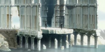 Movie still from “Evangelion: 3.0+1.01 Thrice Upon a Time” (2021), directed by Joe Fria – Two people standing on a platform in the middle of the water; Extreme Wide shot, High angle