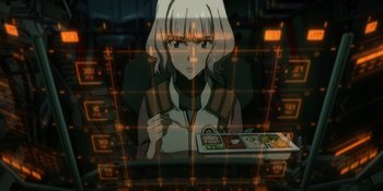 Movie still from “Evangelion: 3.0+1.01 Thrice Upon a Time” (2021), directed by Joe Fria – An anime girl is sitting at a table with a plate; Close Up shot, High angle