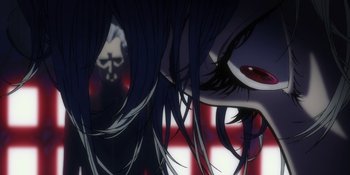 Movie still from “Evangelion: 3.0+1.01 Thrice Upon a Time” (2021), directed by Joe Fria – View of a woman with long hair; Extreme Close Up shot, Low angle