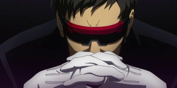 Movie still from “Evangelion: 3.0+1.01 Thrice Upon a Time” (2021), directed by Joe Fria – A man with a white glove covering his mouth; Close Up shot, Low angle
