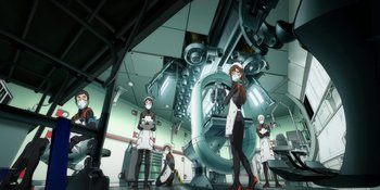 Movie still from “Evangelion: 3.0+1.01 Thrice Upon a Time” (2021), directed by Joe Fria – A group of people standing in front of an operating room; Wide shot, Low angle