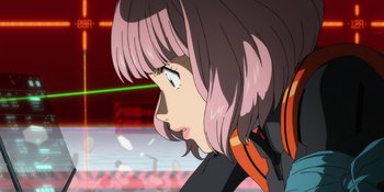 Movie still from “Evangelion: 3.0+1.01 Thrice Upon a Time” (2021), directed by Joe Fria – A person with short pink hair; Close Up shot, Over the shoulder angle