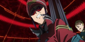 Movie still from “Evangelion: 3.0+1.01 Thrice Upon a Time” (2021), directed by Joe Fria – A person with a knife in their mouth; Close Up shot, Low angle