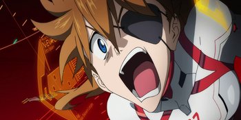 Movie still from “Evangelion: 3.0+1.01 Thrice Upon a Time” (2021), directed by Joe Fria – A person's face with a mouth wide open; Extreme Close Up shot, Low angle